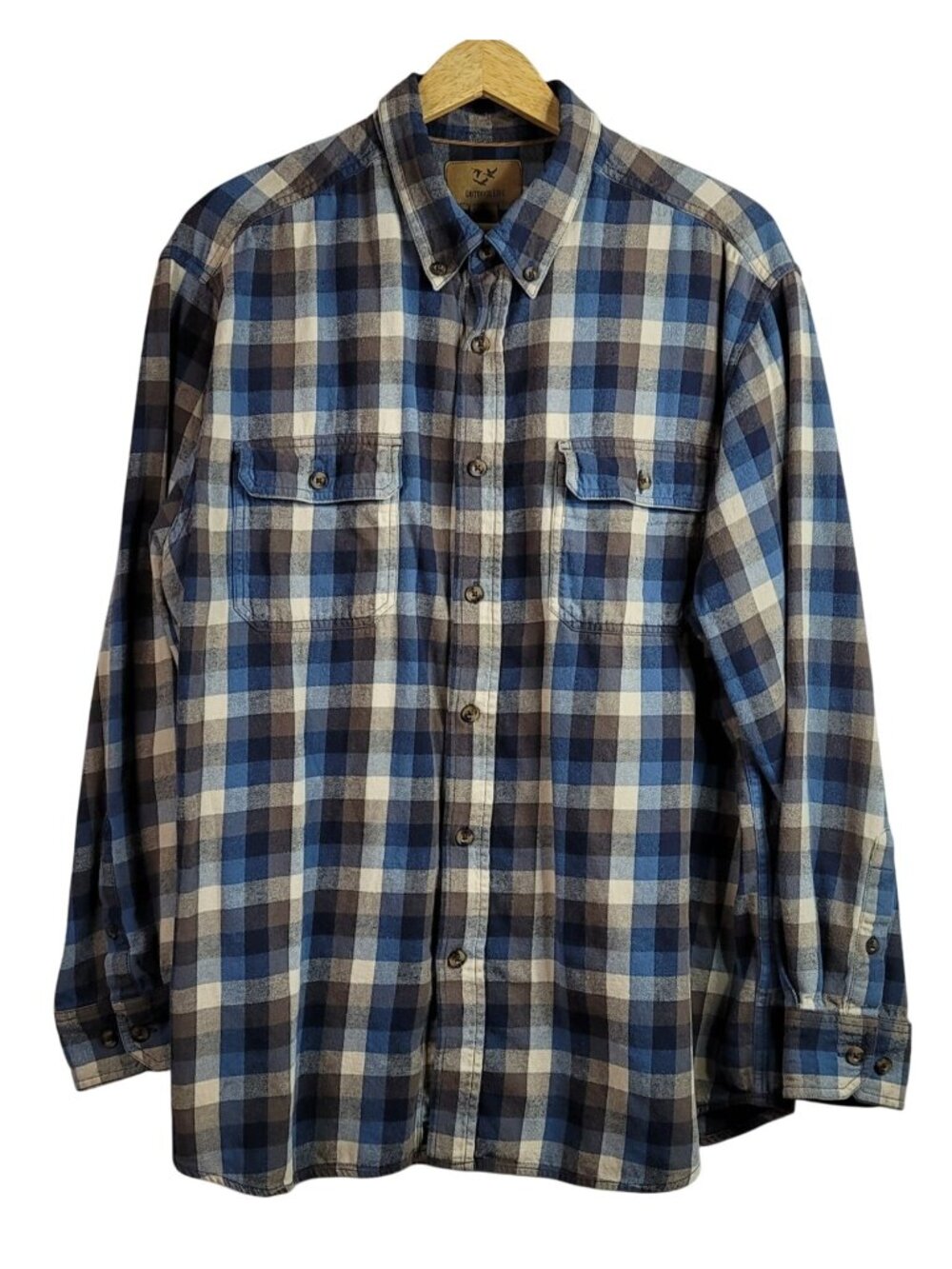 Outdoor Life Mens Flannel Shirt Blue Brown XL Plaid Long Sleeve Pockets Cotton